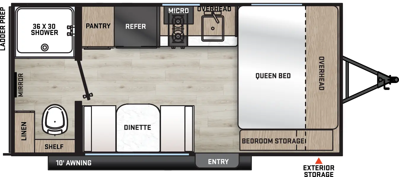 The Catalina Summit Series 7 154RBX floorplan has one entry and zero slide outs. Exterior features include: metal exterior and 10' awning. Interiors features include: front bedroom and rear bathroom.